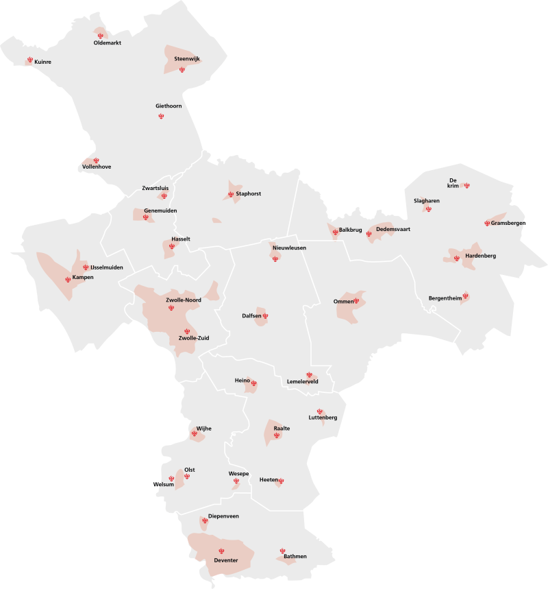 Een kaart van Veiligheidsregio IJsselland met daarop de locaties van de kazernes in deze regio