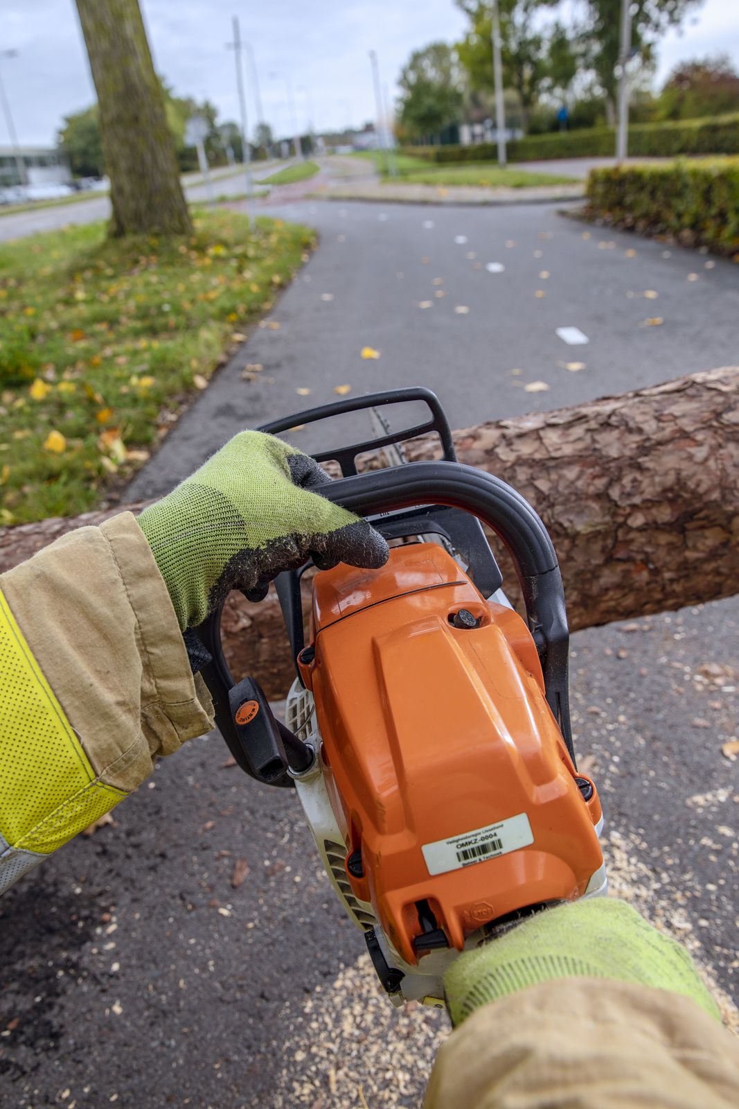 brandweerman zaagt boom door