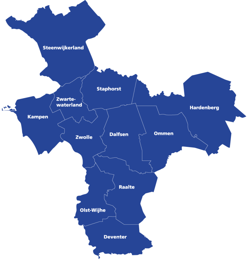 Klik op afbeelding en bekijk vergrote weergave van alle elf gemeenten in Veiligheidsregio IJsselland. Dalfsen, Deventer, Hardenberg, Kampen, Olst-Wijhe, Ommen, Raalte, Staphorst, Steenwijkerland, Zwartewaterland en Zwolle.