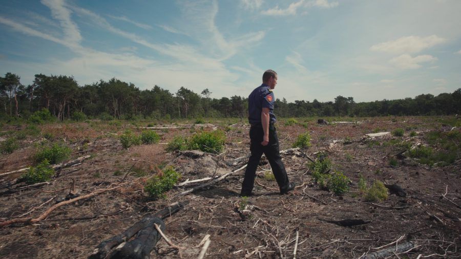 brandweerman op afgebrand natuurgebied