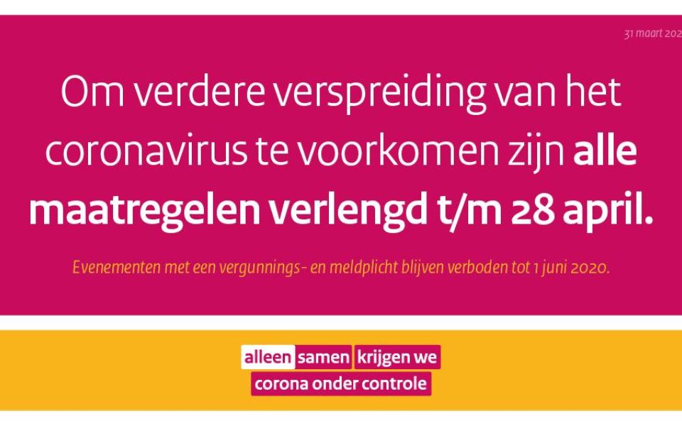 banner maatregelen verlengd tot 28 april voorkomen verspreiding coronacrisis