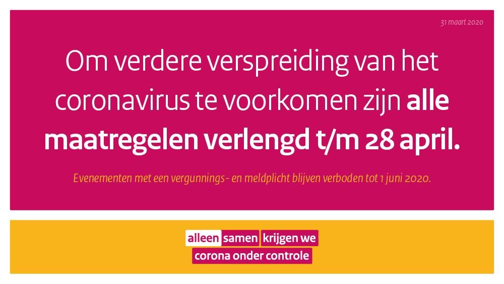banner maatregelen verlengd tot 28 april voorkomen verspreiding coronacrisis