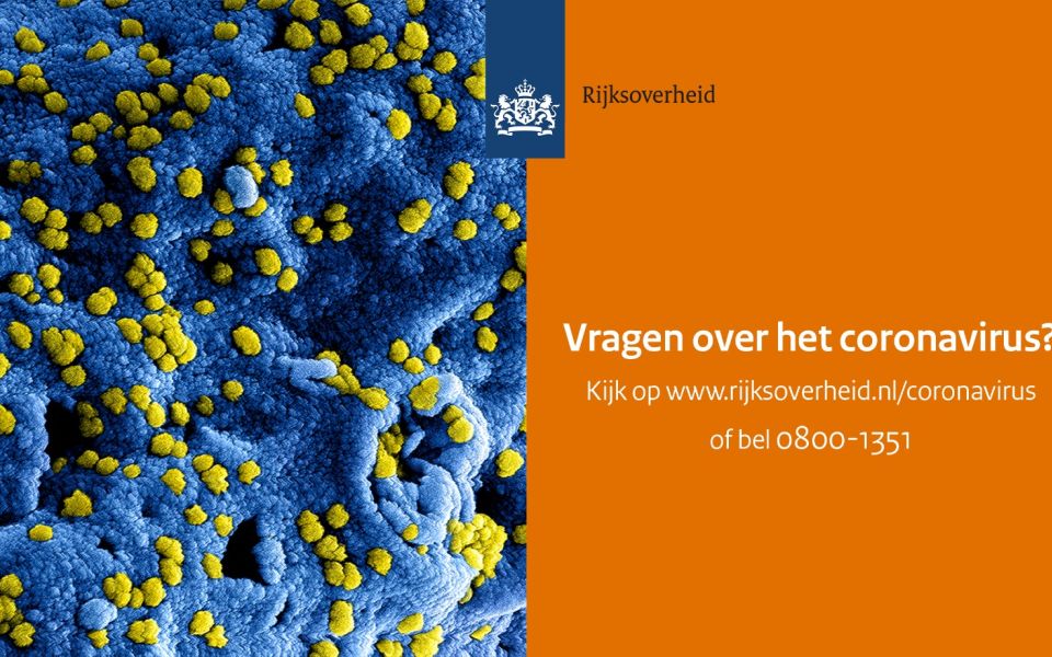 blauwe met geel stippen wat het coronavirus is met telefoonnummer 0800-1351 voor vragen over het coronavirus