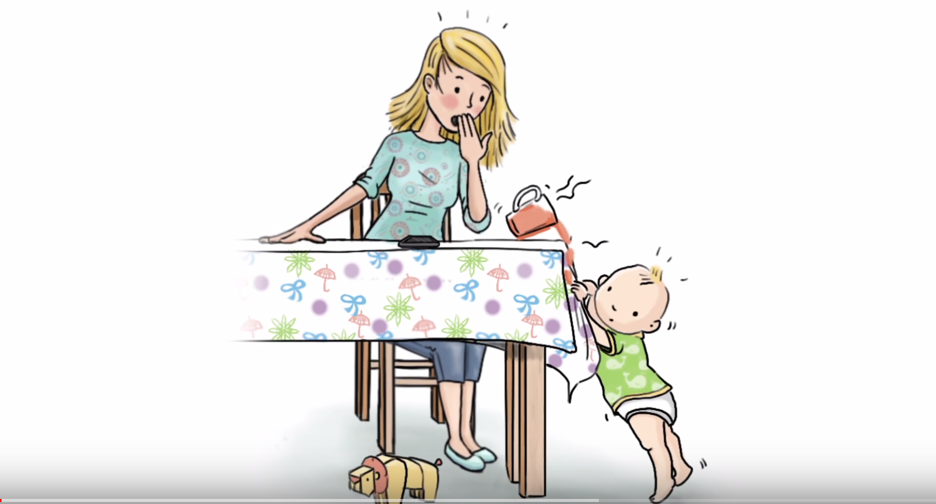 baby trekt hete thee van tafel