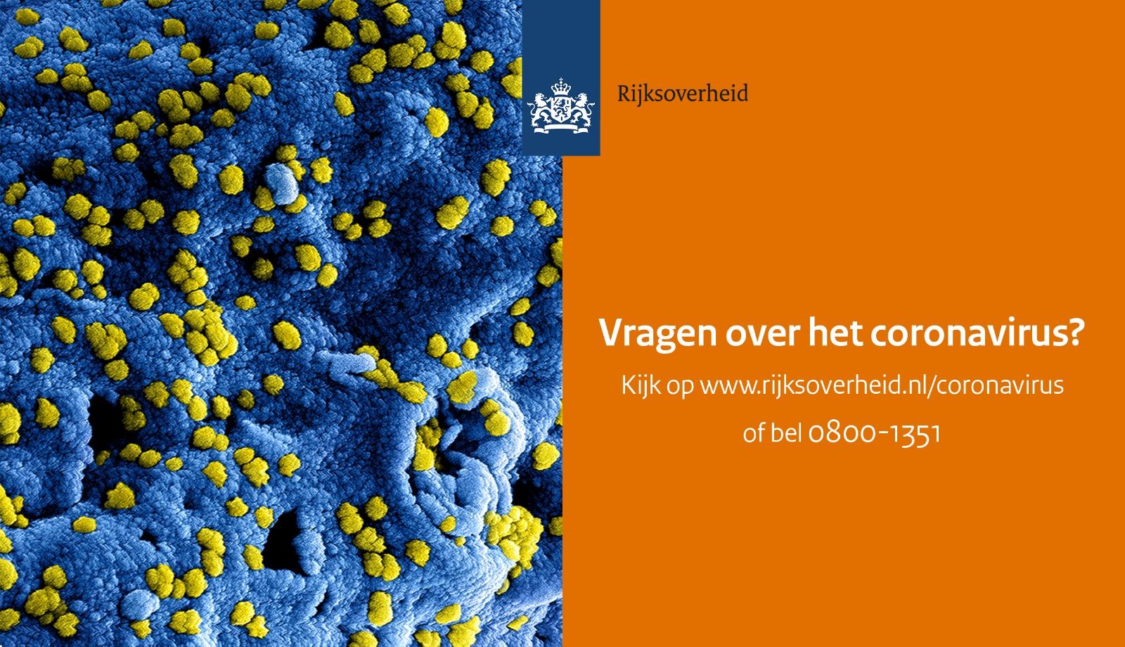 blauwe met geel stippen wat het coronavirus is met telefoonnummer 0800-1351 voor vragen over het coronavirus