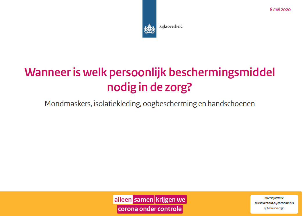 Voorkant van factsheet 'wanneer is welk persoonlijk beschermingsmiddel nodig in de zorg'