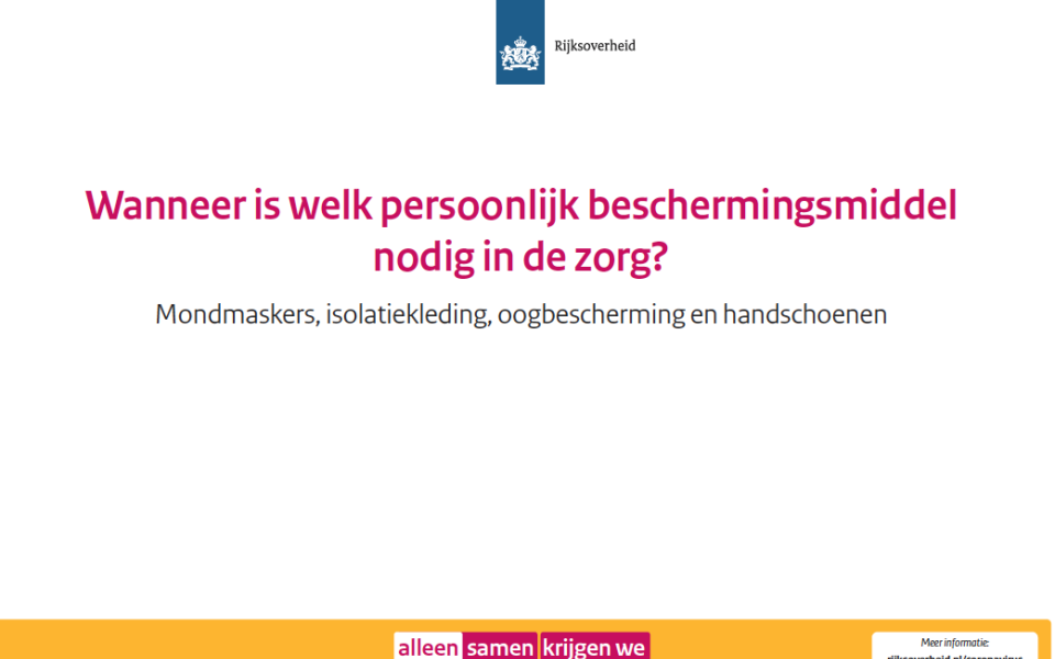 Voorkant van factsheet 'wanneer is welk persoonlijk beschermingsmiddel nodig in de zorg'